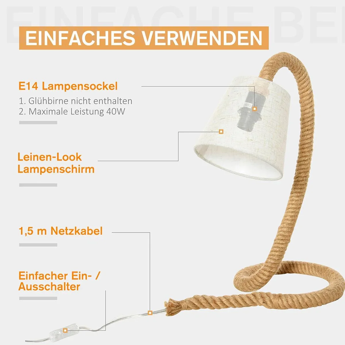 Tischlampe mit Hanfseilsockel beige - 0