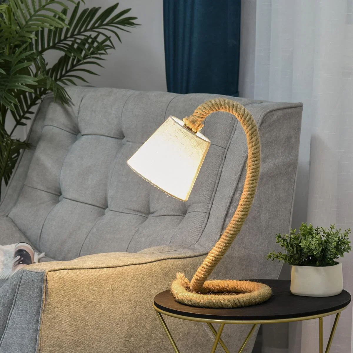 Tischlampe mit Hanfseilsockel beige - 6