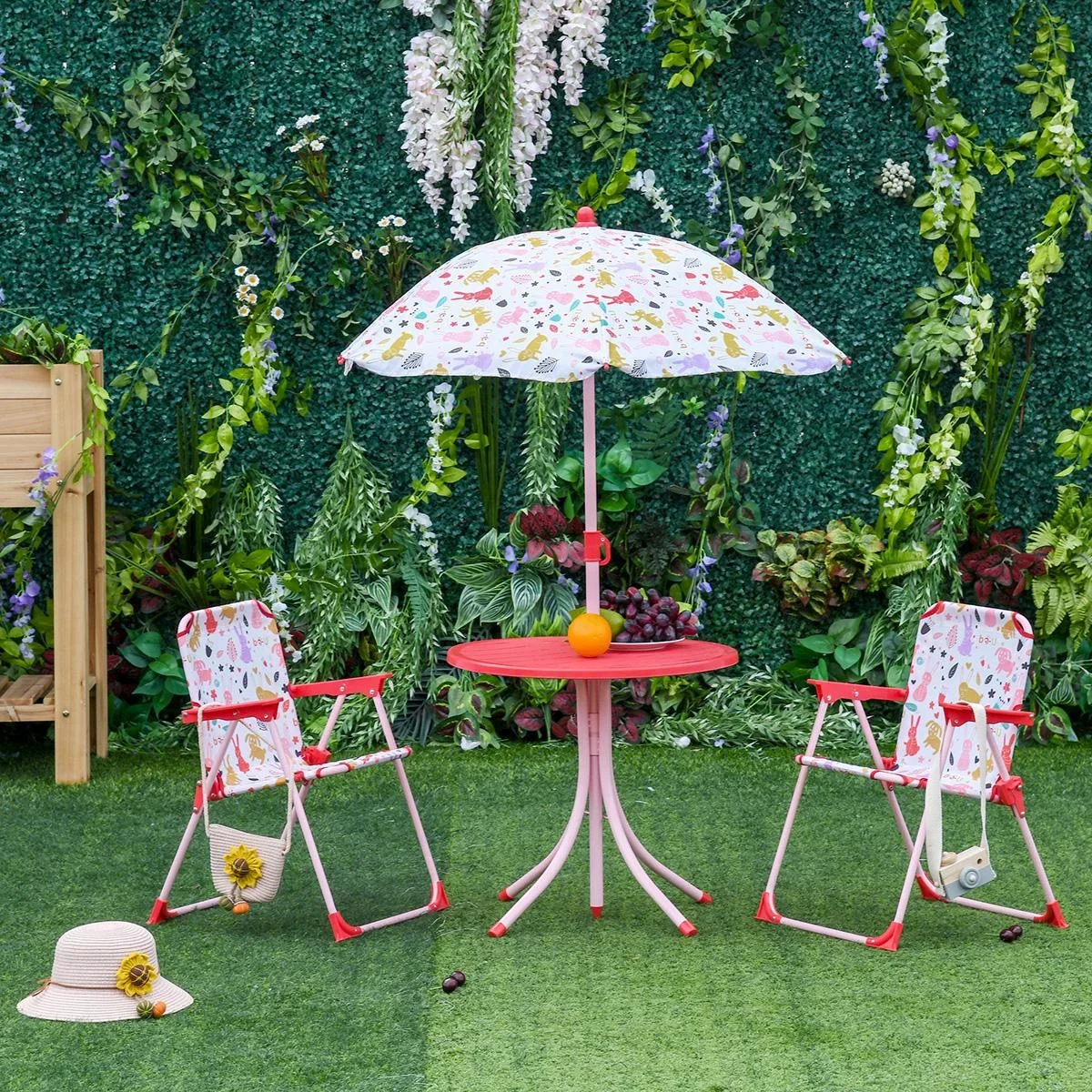 4tlg. Kindersitzgruppe Gartentisch 2 Klappstühle Sonnenschirm Camping Kindersitzgarnitur Gartenmöbel für 3-5 Jahre Rot - 0