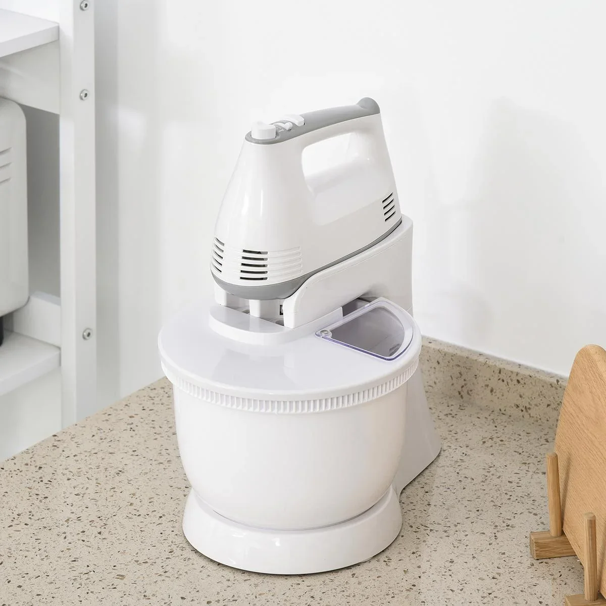 2 in 1 Handrührer Elektrisches Handmixer-Set mit Tischständer 3,4-Liter-Rührschüssel 300W 6 Geschwindigkeiten inclusive - 2