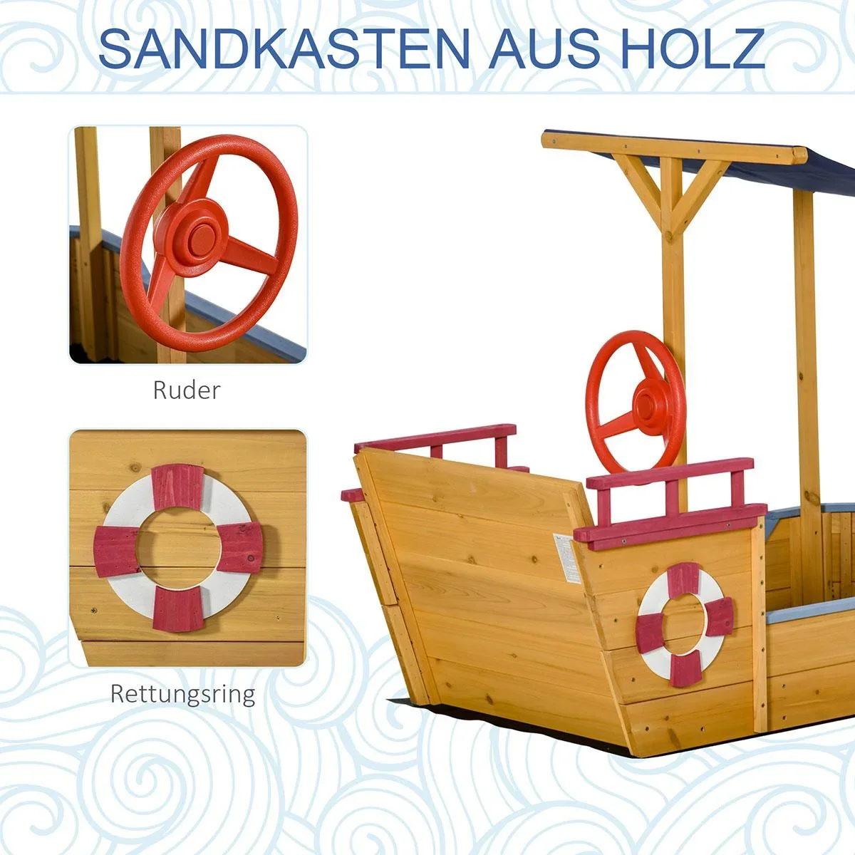 Sandkasten Schiff Design Matschekiste aus Holz für Kinder 3-8 Jahre Sandkiste Orange 160 x 70 x 103 cm - 3