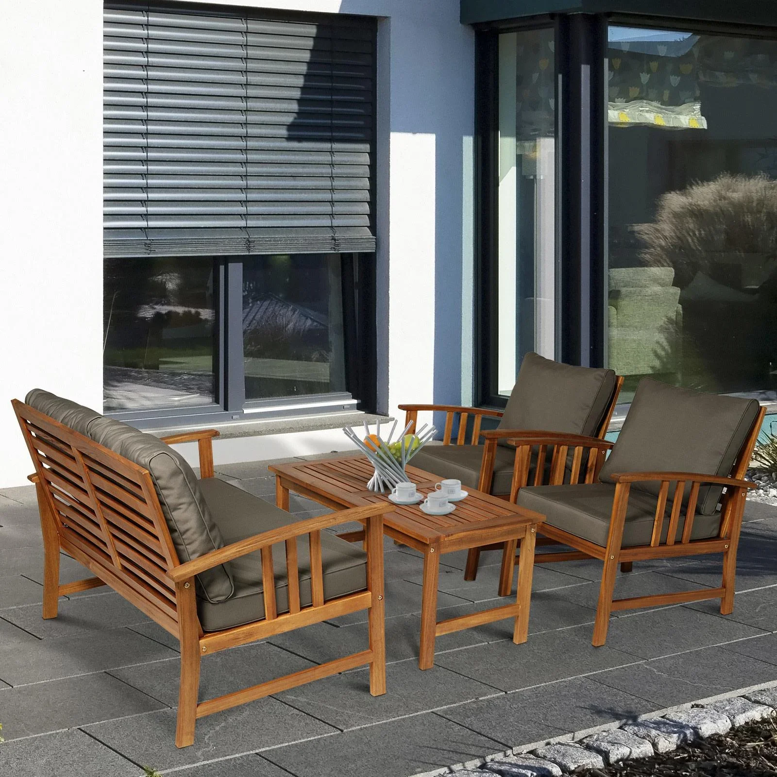 4er-Set Gartenmöbel Holz Sitzgruppe Garnitur Lounge mit Kissen Tisch Sessel Braun 3 4 Personen - 4