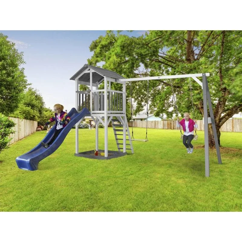 Strand Tower mit Spielturm Doppelschaukel - Blaue Rutsche - 0