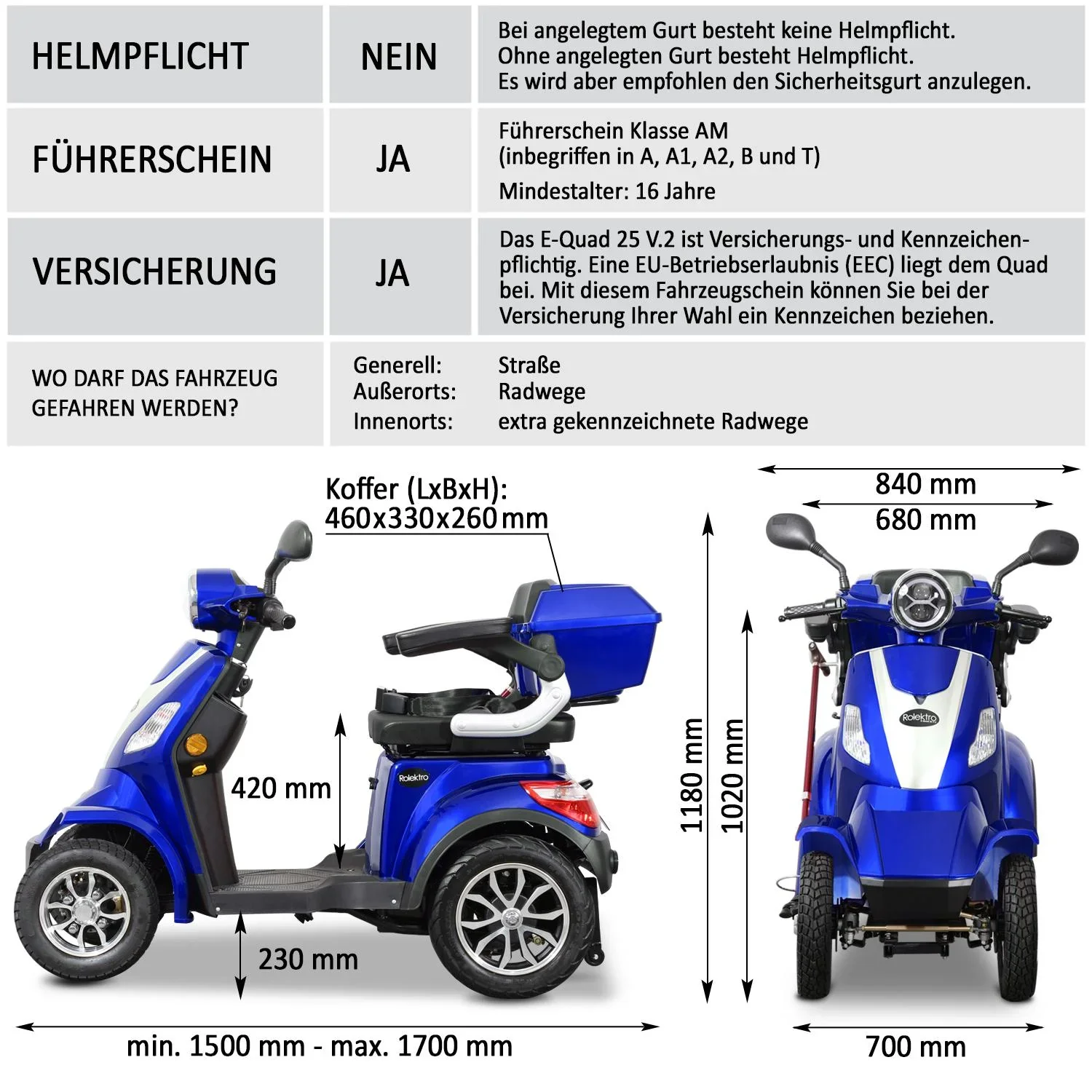 E-Quad 25 V. 2 Blau - 1.000 Watt + Straßenverkehrszulassung - 2