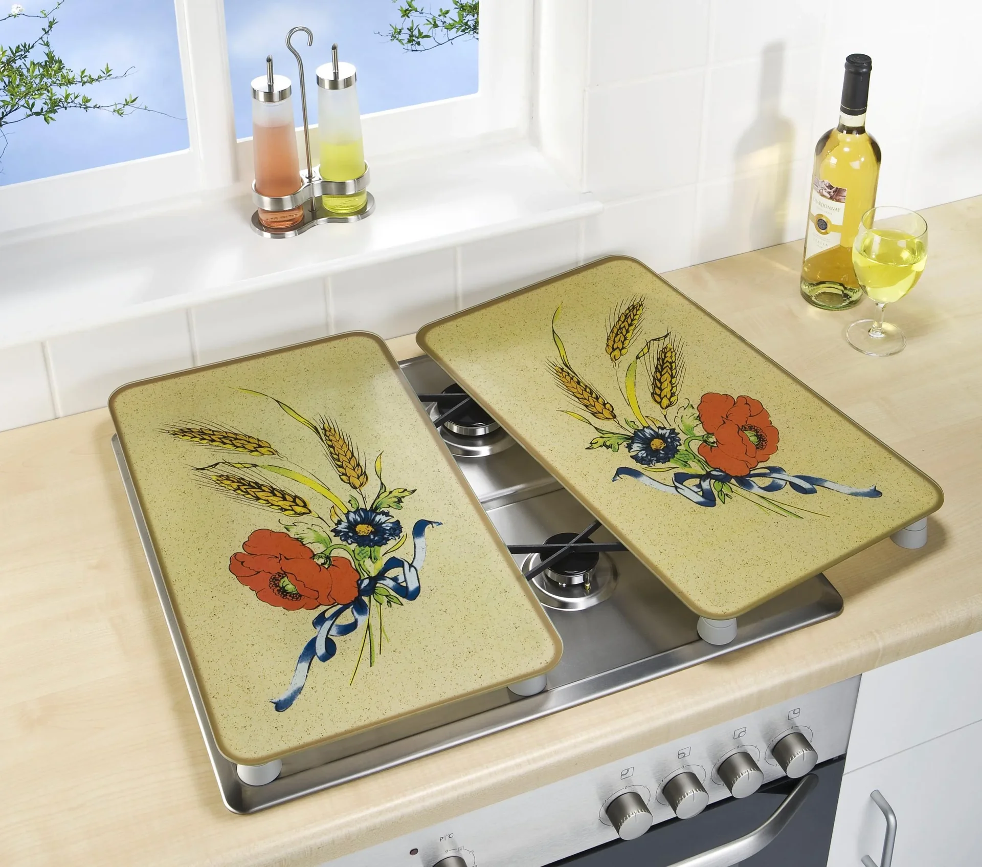3 in 1 Herd-Abdeckplatten, Schneidbretter, Arbeitsplatten,Glas, Kornblumen-Design, je 52 x 30 cm, 2er-Set - 0