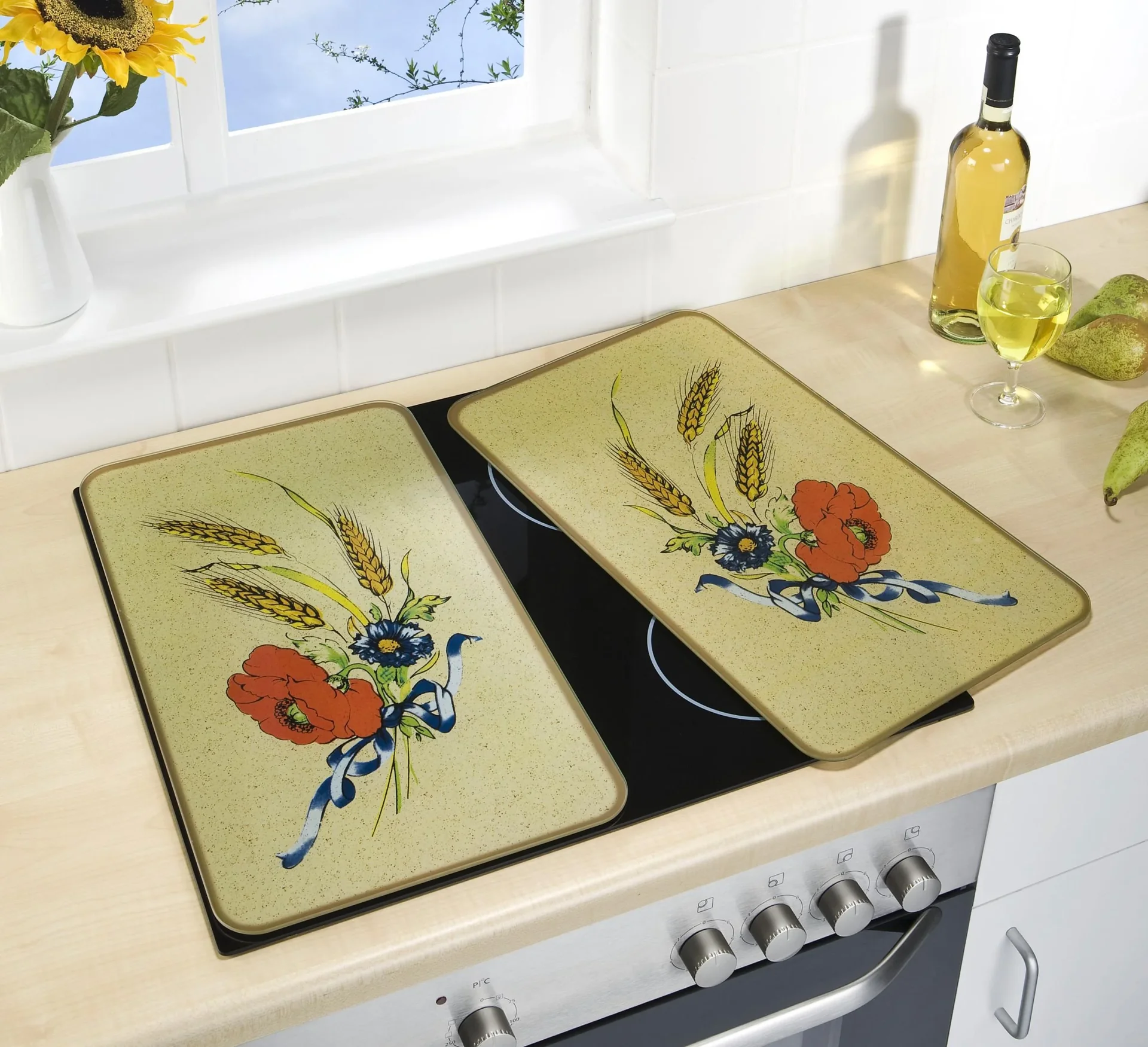 3 in 1 Herd-Abdeckplatten, Schneidbretter, Arbeitsplatten,Glas, Kornblumen-Design, je 52 x 30 cm, 2er-Set - 3
