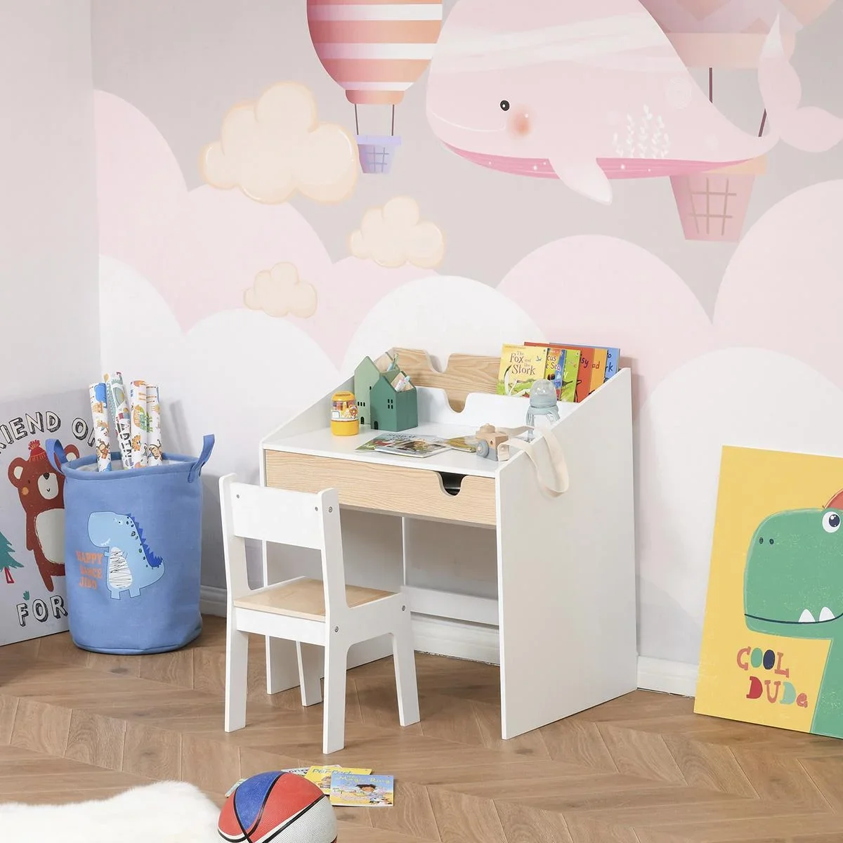 2-tlg. Kindersitzgruppe mit Kindertisch Stuhl für 6-10 Jahre Kindermöbel MDF Weiß+Natur 70 x 50 x 75 cm - 0