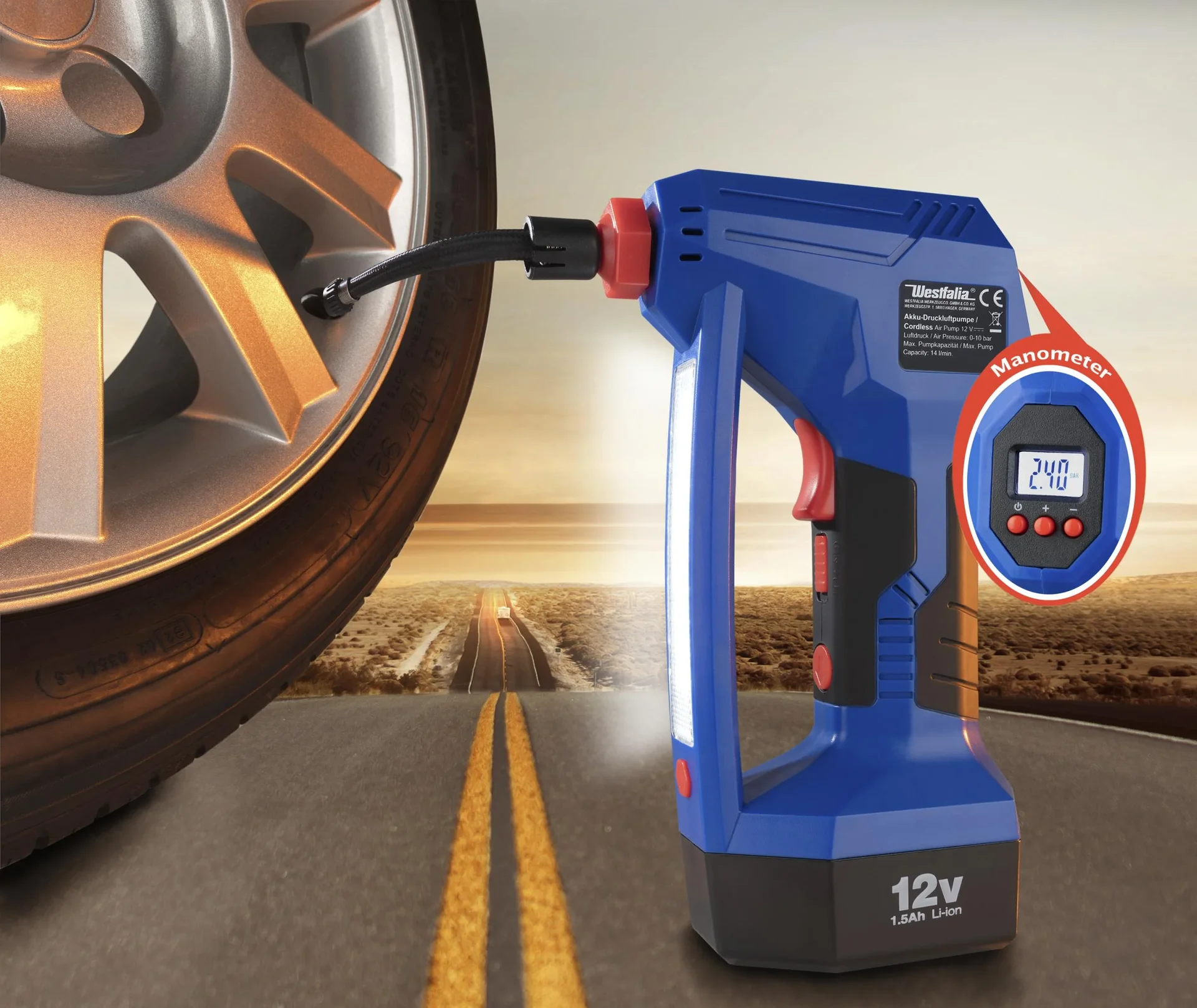 12 Volt Akku Druckluftpumpe - mit Arbeits- und Warnleuchte - "Hybrid" - 5