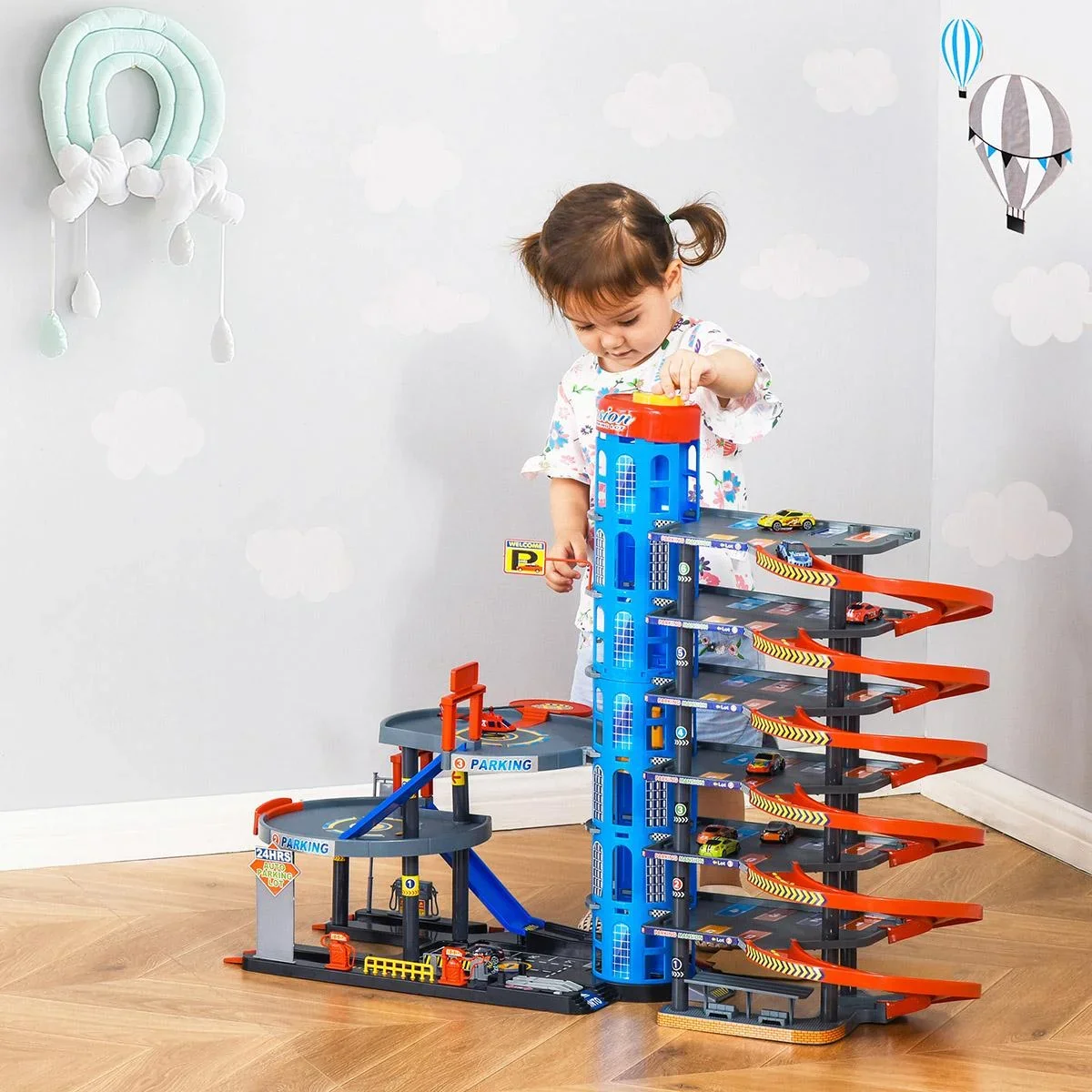 Rennbahn Kinder Autorennbahn Parkgarage für Kinder von 3 bis 6 Jahren Spielzeugautos Komplett mit Hubschrauber PP-Kunsts - 0