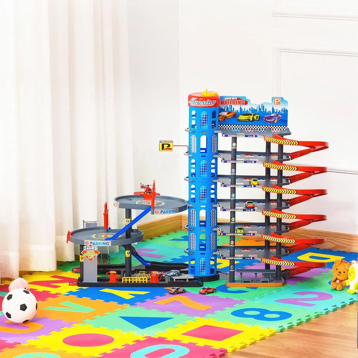 Rennbahn Kinder Autorennbahn Parkgarage für Kinder von 3 bis 6 Jahren Spielzeugautos Komplett mit Hubschrauber PP-Kunsts - 2