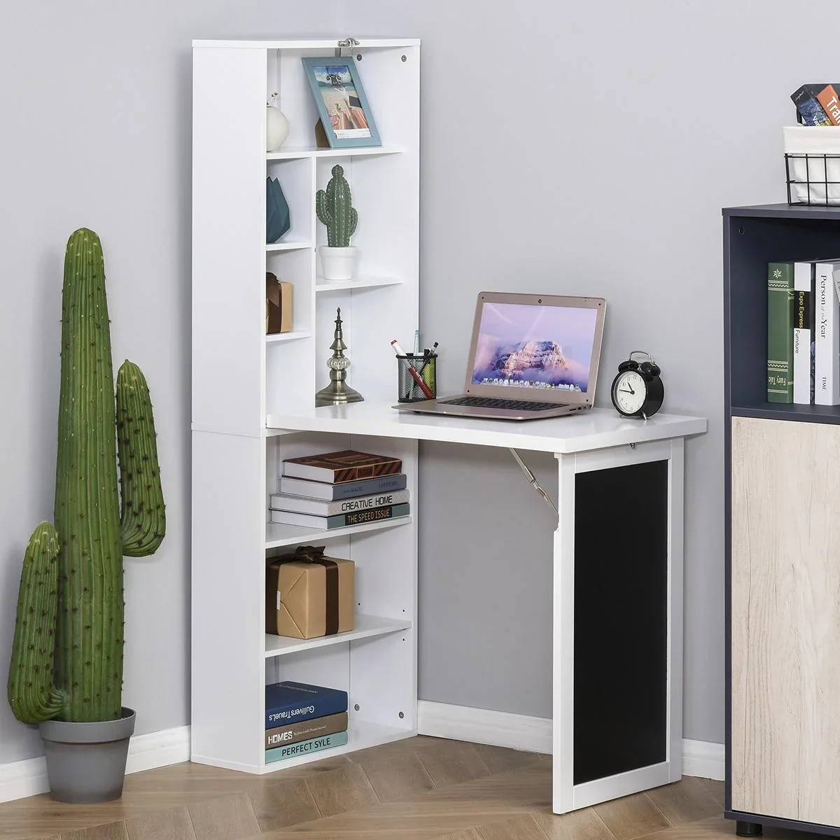 Schreibtisch klappbar mit 6 Fächer Bücherregal mit 3 Regale Computertisch Bürotisch E1 Spanplatte Metallrahmen Weiß 98 x - 2