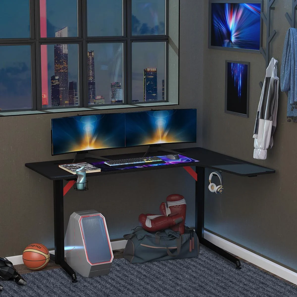 Gaming Tisch PC Tisch Schreibtisch mit Kopfhörerhaken Getränkehalterung Computertisch Metall MDF Schwarz+Rot 157 x 111,8 - 0