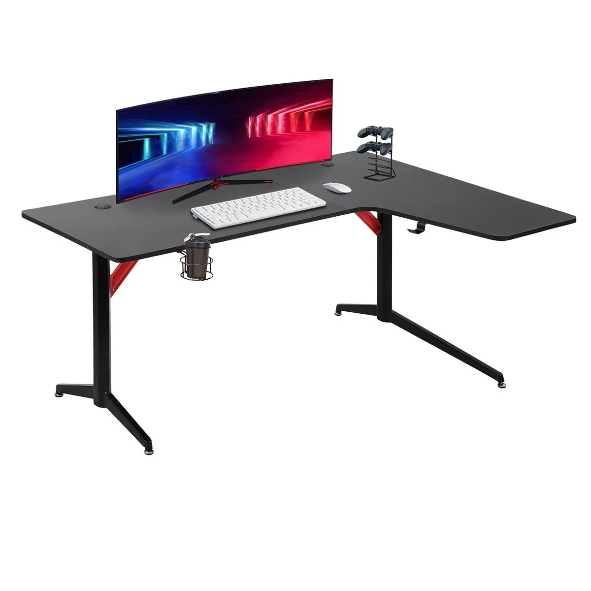 Gaming Tisch PC Tisch Schreibtisch mit Kopfhörerhaken Getränkehalterung Computertisch Metall MDF Schwarz+Rot 157 x 111,8 - 2