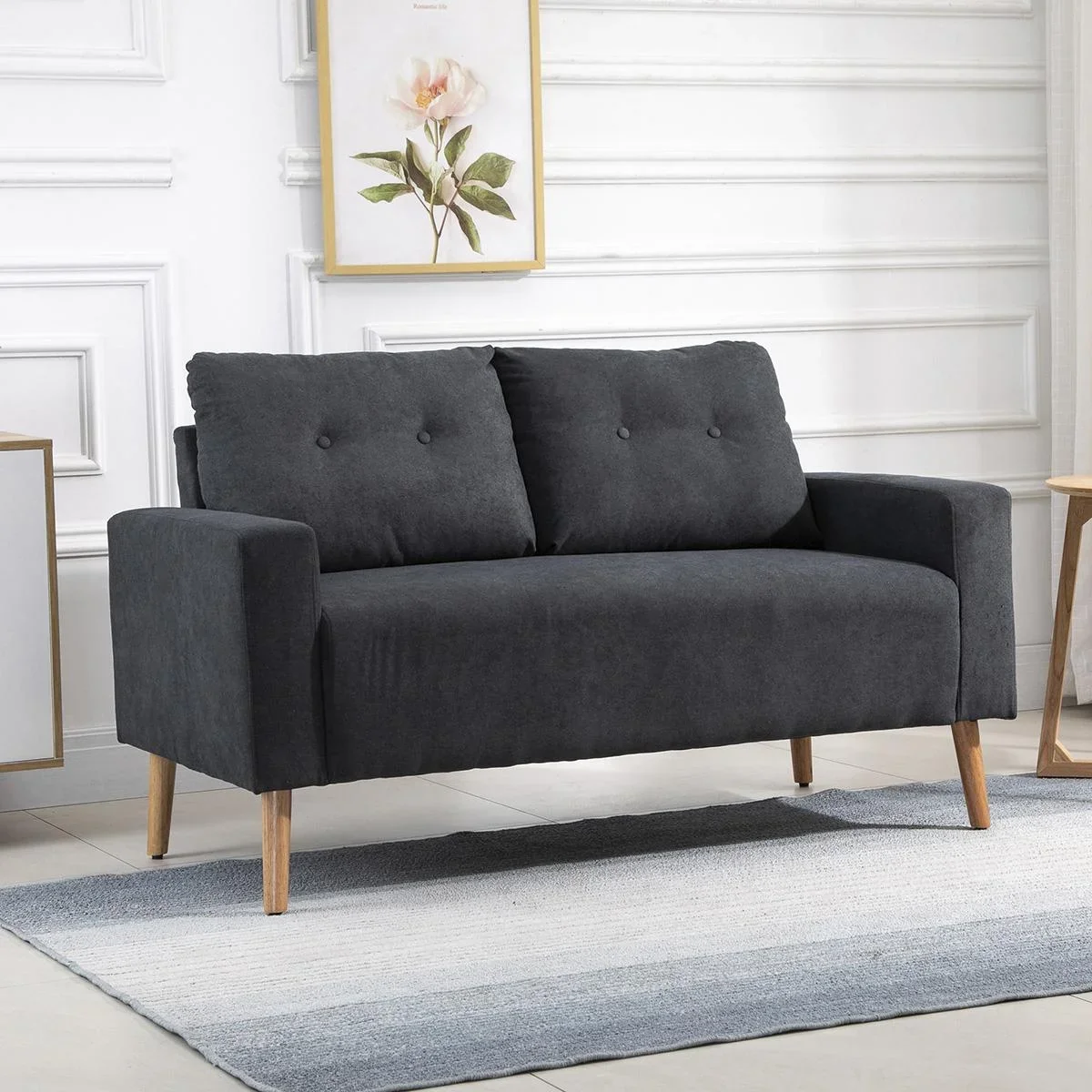 Sofa, 2-Sitzer, skandinavisches Design, hoher Komfort Relaxsessel mit Armlehne, Gummiholzbeine, Dunkelgrau, 145x76x88 cm - 1