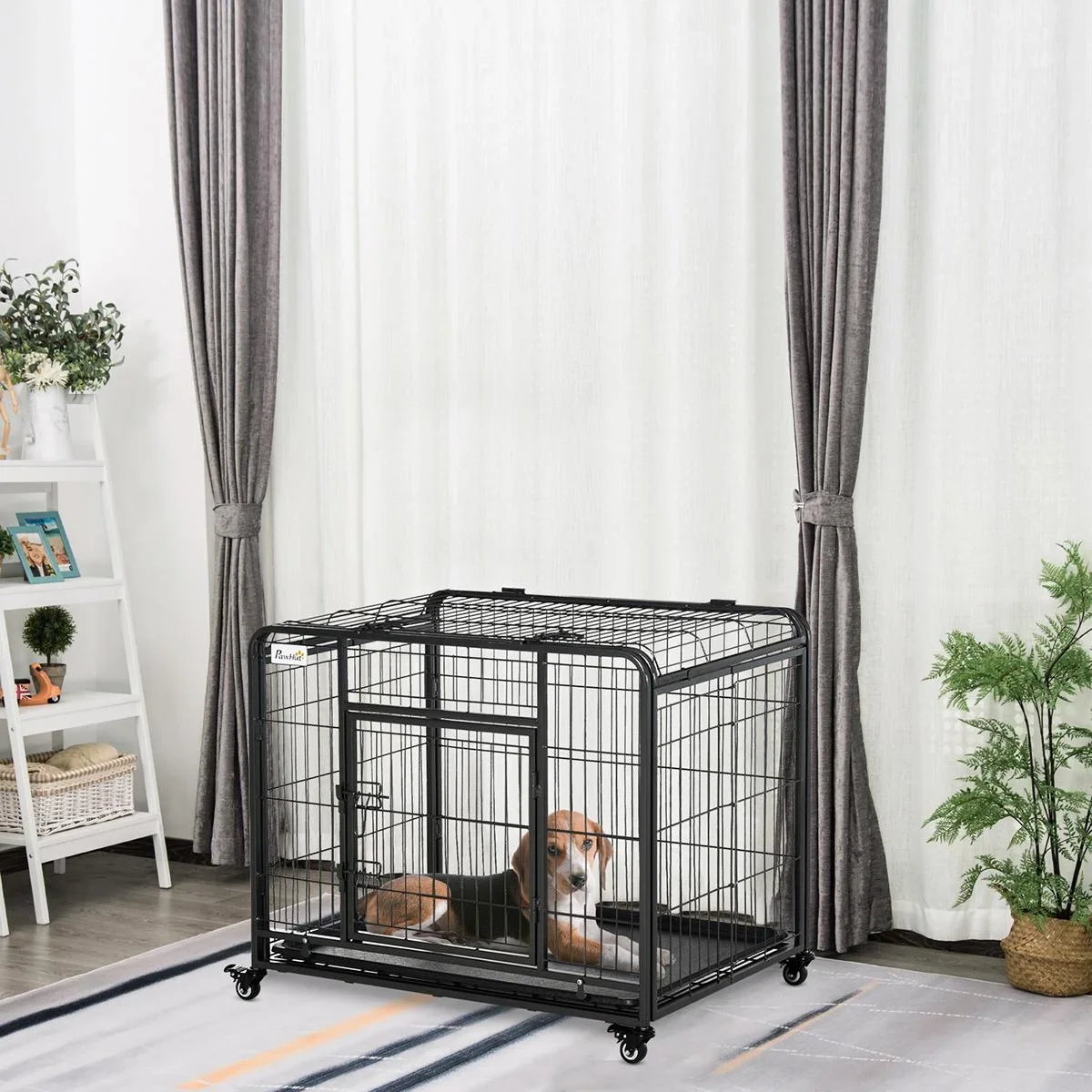 Hundekäfig faltbarer Transportkäfig mit Rädern 2 abschließbare Türen und abnehmbares Tablett Metall Grau+Schwarz 94 x 58 - 0