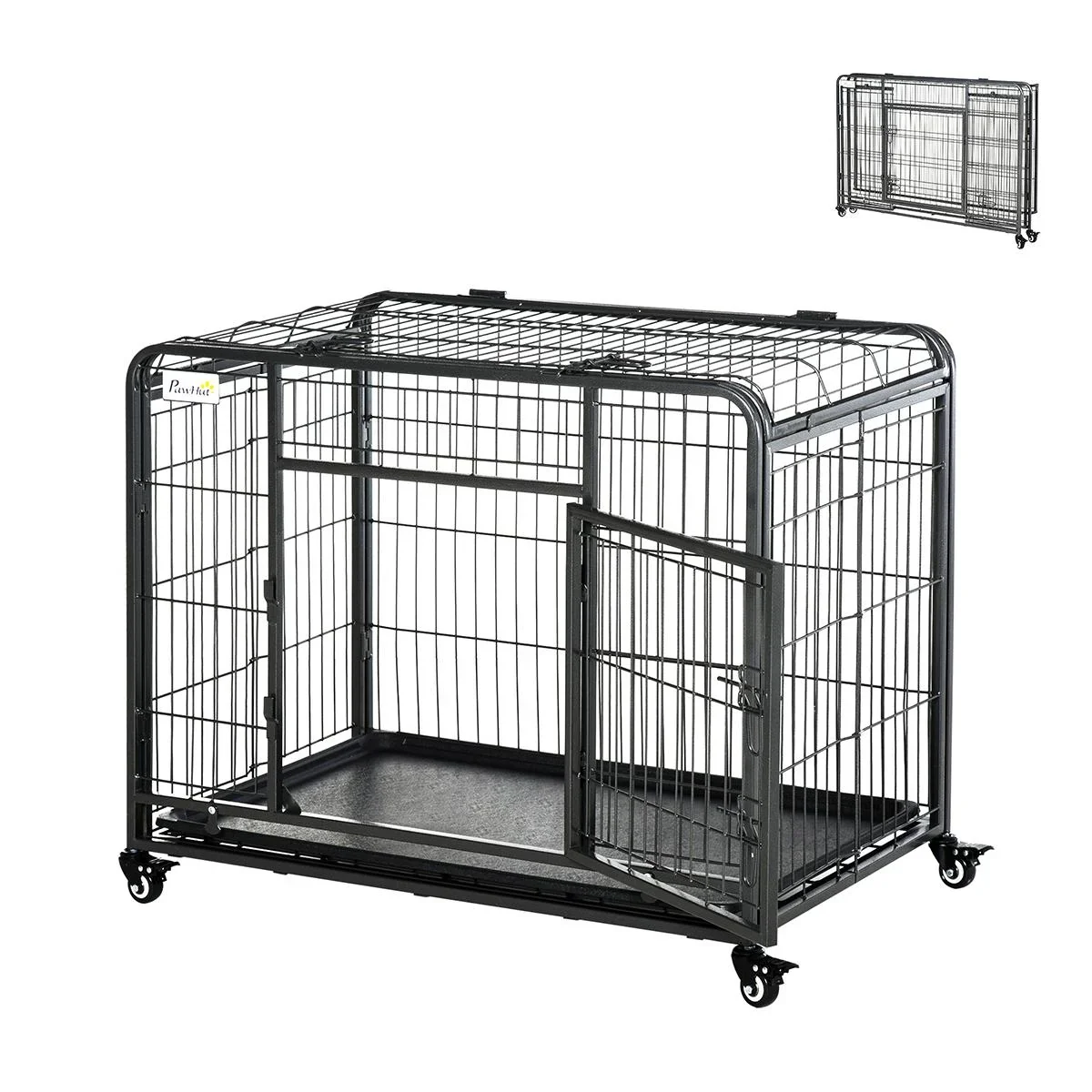 Hundekäfig faltbarer Transportkäfig mit Rädern 2 abschließbare Türen und abnehmbares Tablett Metall Grau+Schwarz 94 x 58 - 1