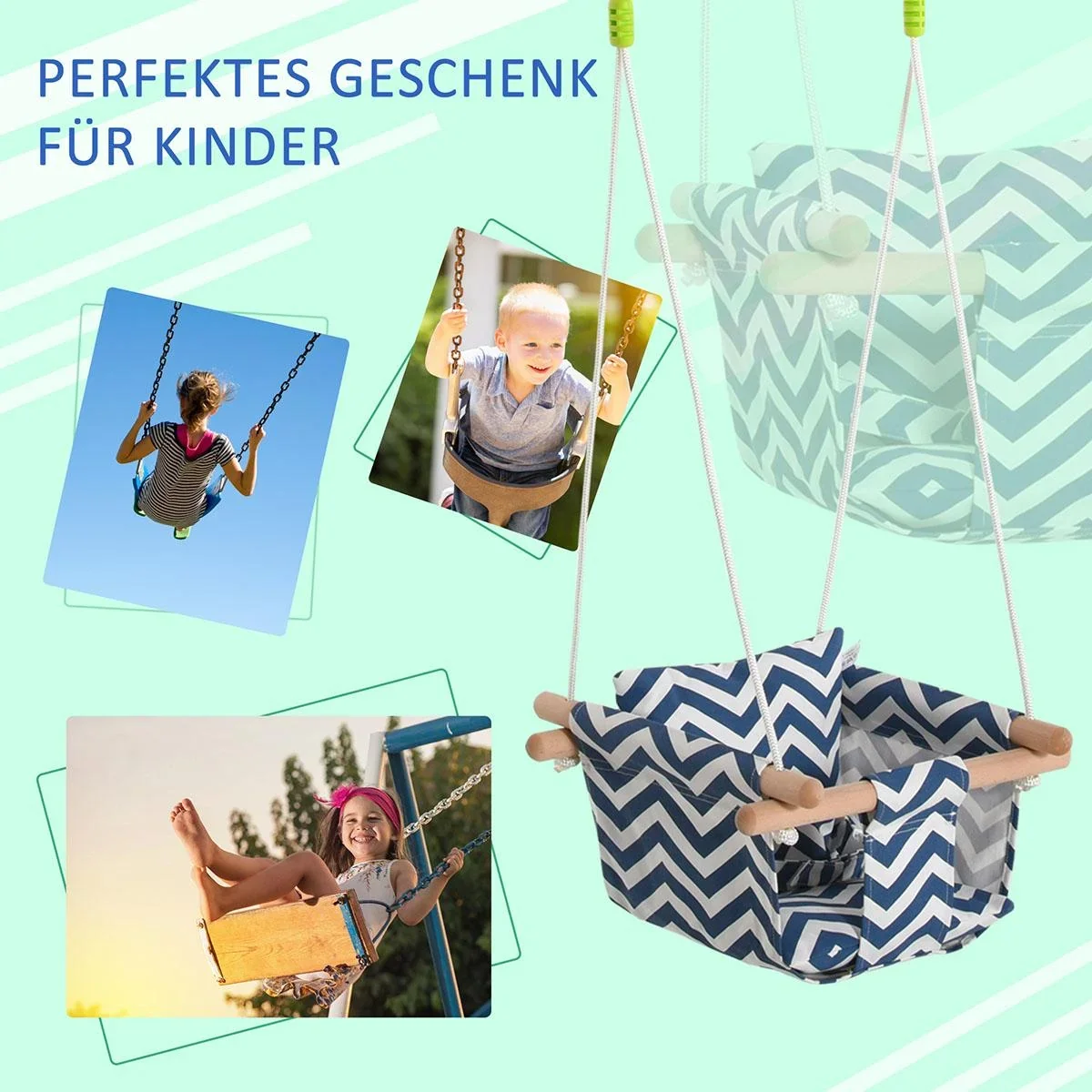 Kinderschaukel mit Sicherheitsgurt Kissen Babysitz Baumwolle Pappelholz Blau+Weiß 40 x 40B x 180H cm - 0