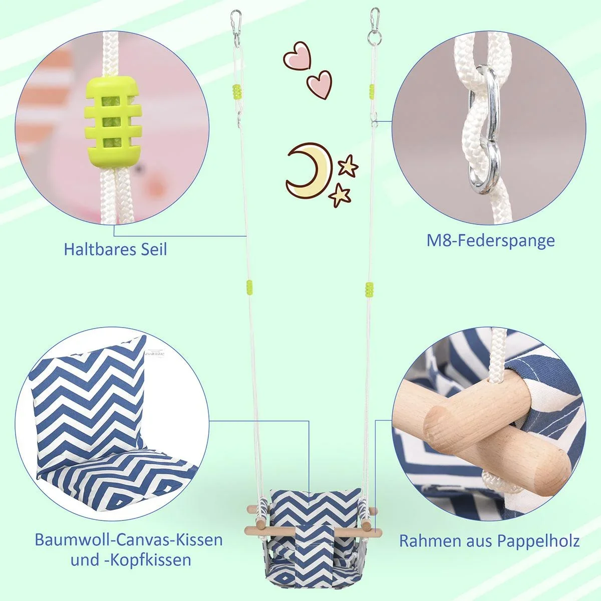 Kinderschaukel mit Sicherheitsgurt Kissen Babysitz Baumwolle Pappelholz Blau+Weiß 40 x 40B x 180H cm - 2