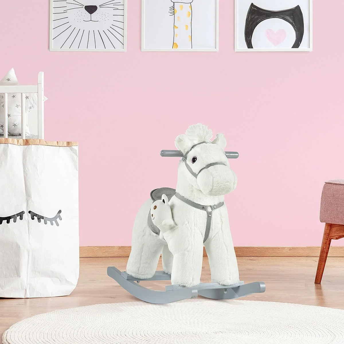 Kinder Schaukelpferd Baby Schaukeltier mit Tiergeräusche Spielzeug Haltegriffe für 18-36 Monate Plüsch Weiß 65 x 26 x 55 - 0