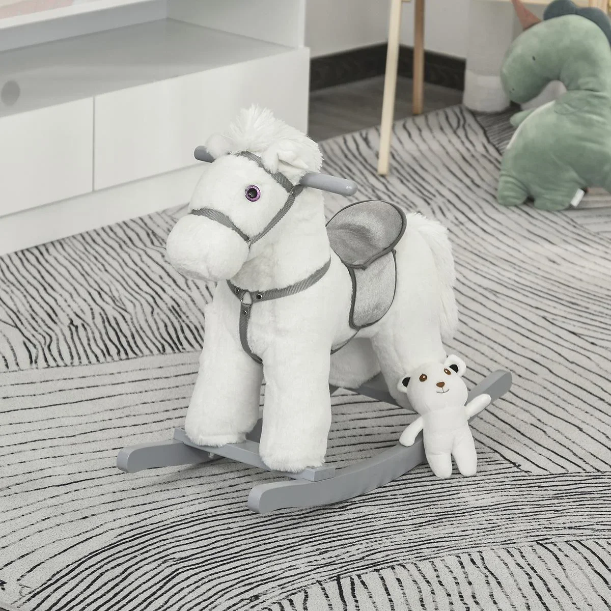Kinder Schaukelpferd Baby Schaukeltier mit Tiergeräusche Spielzeug Haltegriffe für 18-36 Monate Plüsch Weiß 65 x 26 x 55 - 2