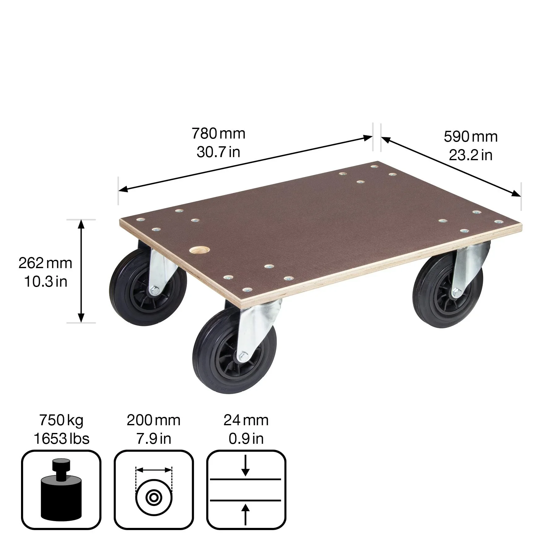Transporthilfe MM 1148, 78 x 59 x 26 cm, harte Rollen Ø 200 mm, Rollenlager, Multiplex Platte FSC®, Tragkraft 750 kg - 3