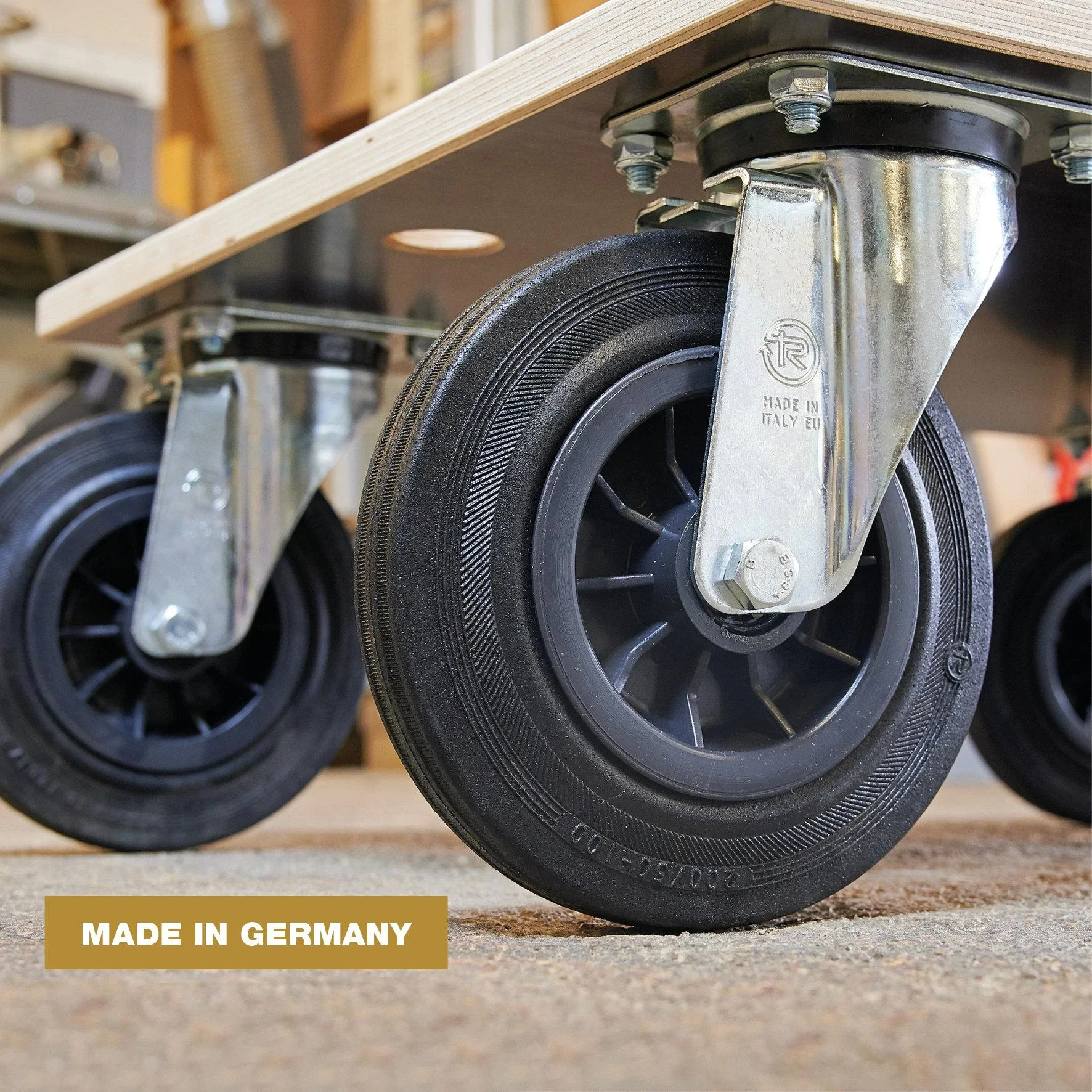 Transporthilfe MM 1148, 78 x 59 x 26 cm, harte Rollen Ø 200 mm, Rollenlager, Multiplex Platte FSC®, Tragkraft 750 kg - 5