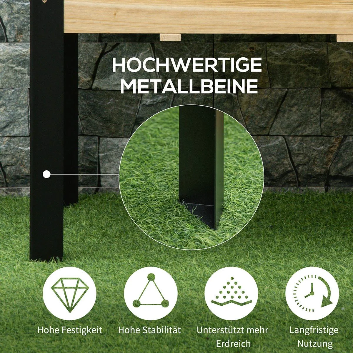 Hochbeet Pflanzkasten Blumenkasten Blumentopf Kräuterbeet mit Vliesstoff Massivholz Stahl Natur+Schwarz 80 x 60 x 74 cm - 0