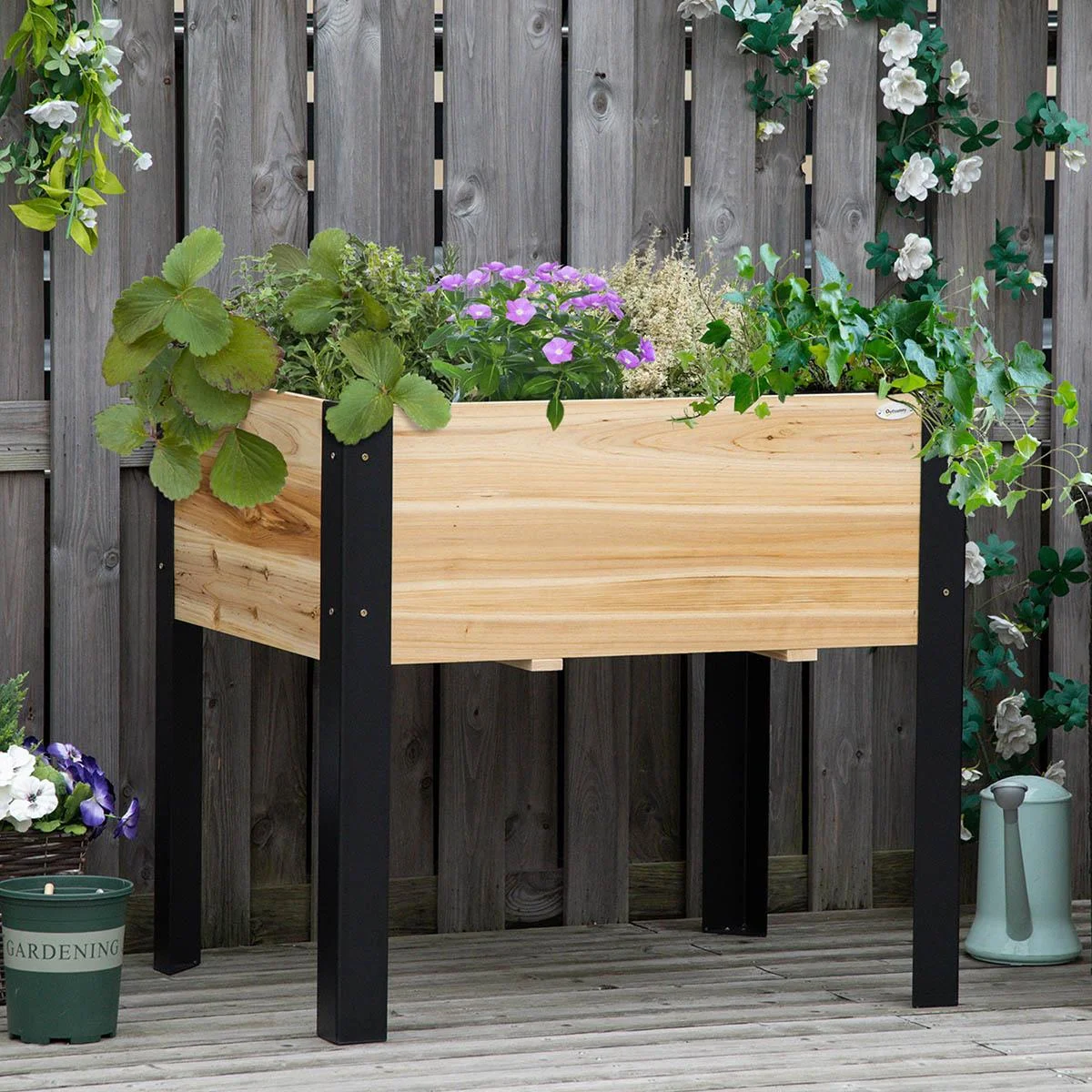 Hochbeet Pflanzkasten Blumenkasten Blumentopf Kräuterbeet mit Vliesstoff Massivholz Stahl Natur+Schwarz 80 x 60 x 74 cm - 2