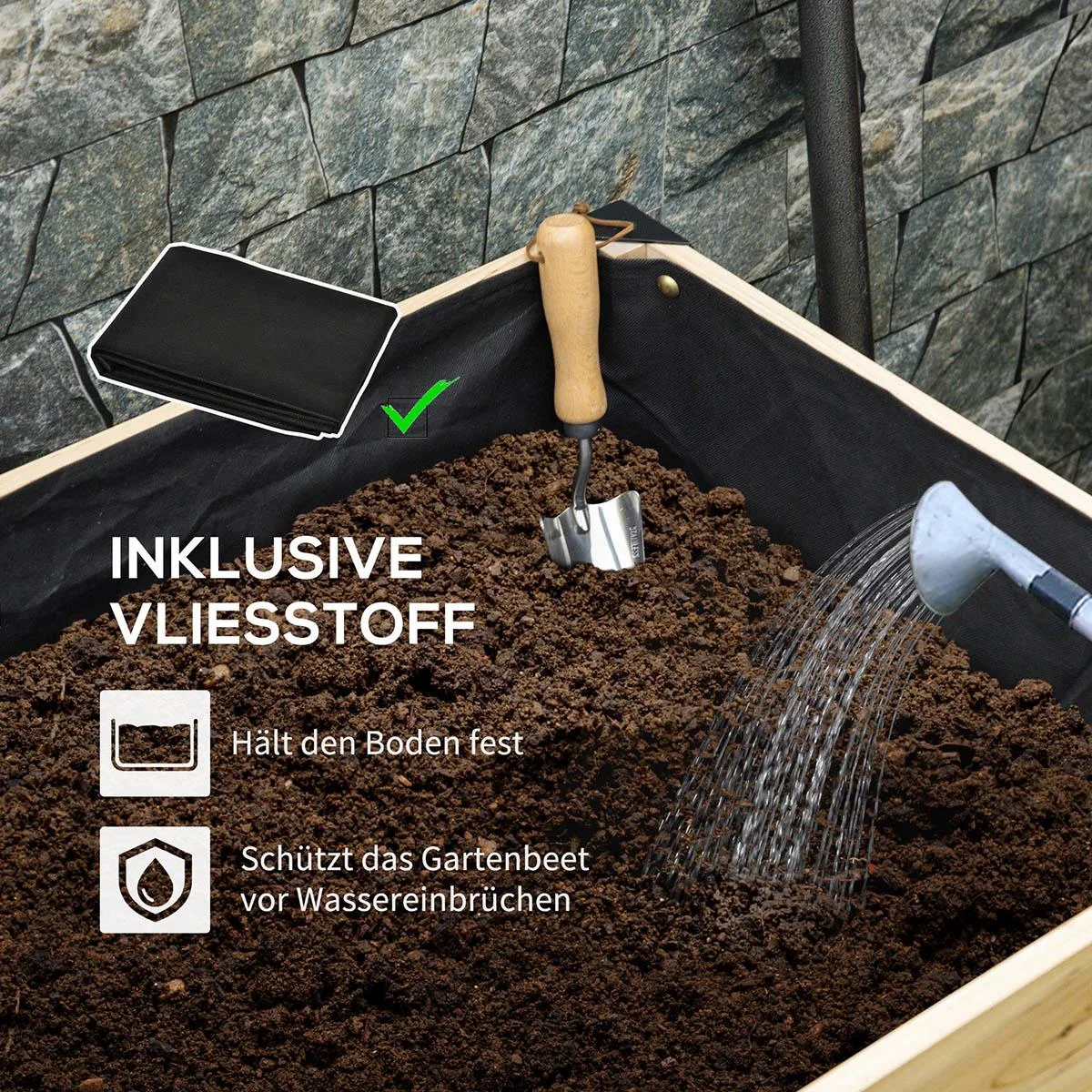 Hochbeet Pflanzkasten Blumenkasten Blumentopf Kräuterbeet mit Vliesstoff Massivholz Stahl Natur+Schwarz 80 x 60 x 74 cm - 3