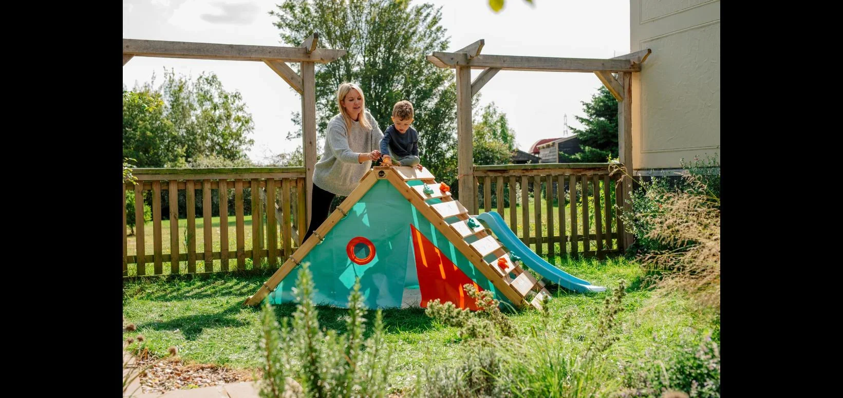 My First Wooden Playcentre, Outdoor-Playcentre für Kinder aus Holz, Kletterwand, Kletternetz, Rutsche, natur - 1