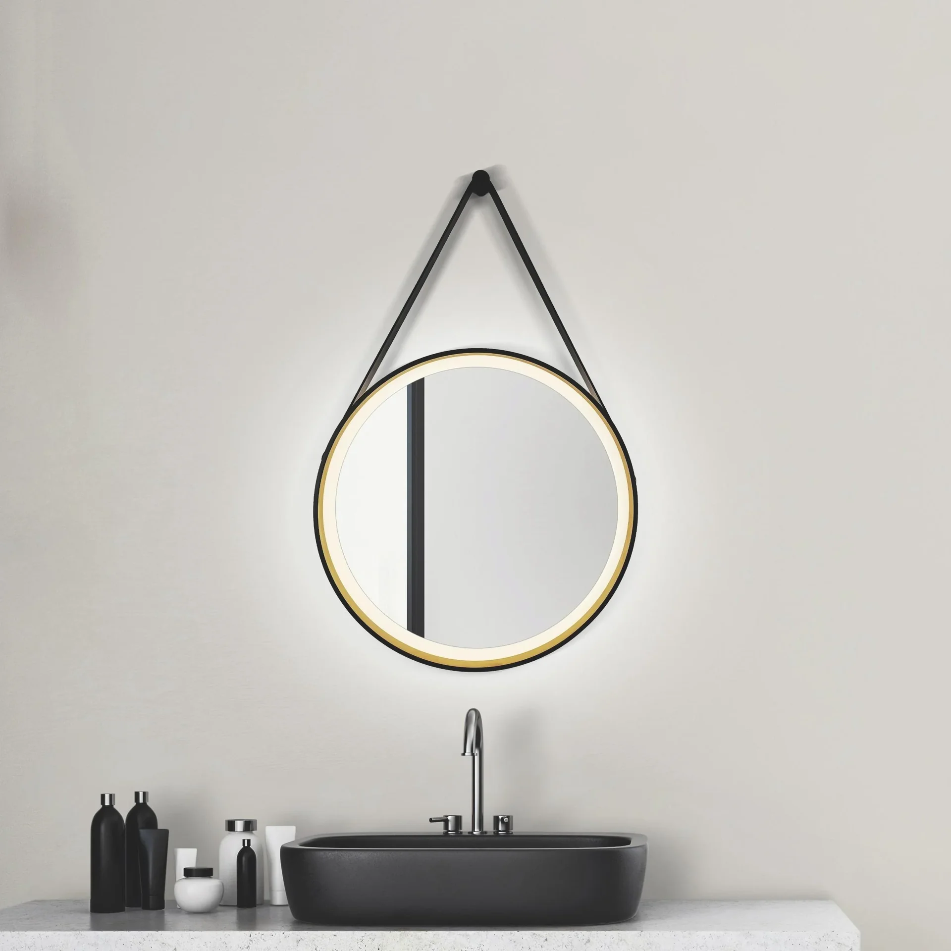 Dekorativer runder Wandspiegel mit LED Beleuchtung in schwarz/gold matt Ø 55 cm - 2