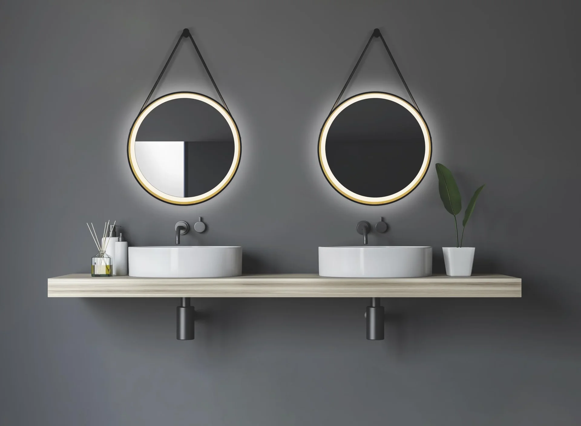 Dekorativer runder Wandspiegel mit LED Beleuchtung in schwarz/gold matt Ø 55 cm - 3