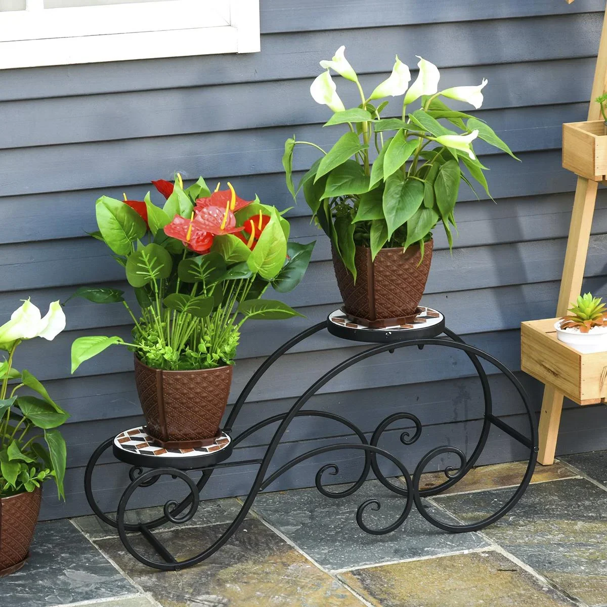 Blumentreppe Pflanzenregal 2 Ablagen Pflanzenständer Retro-Design Deko Metall 75L x 22 x 37,5 cm - 2