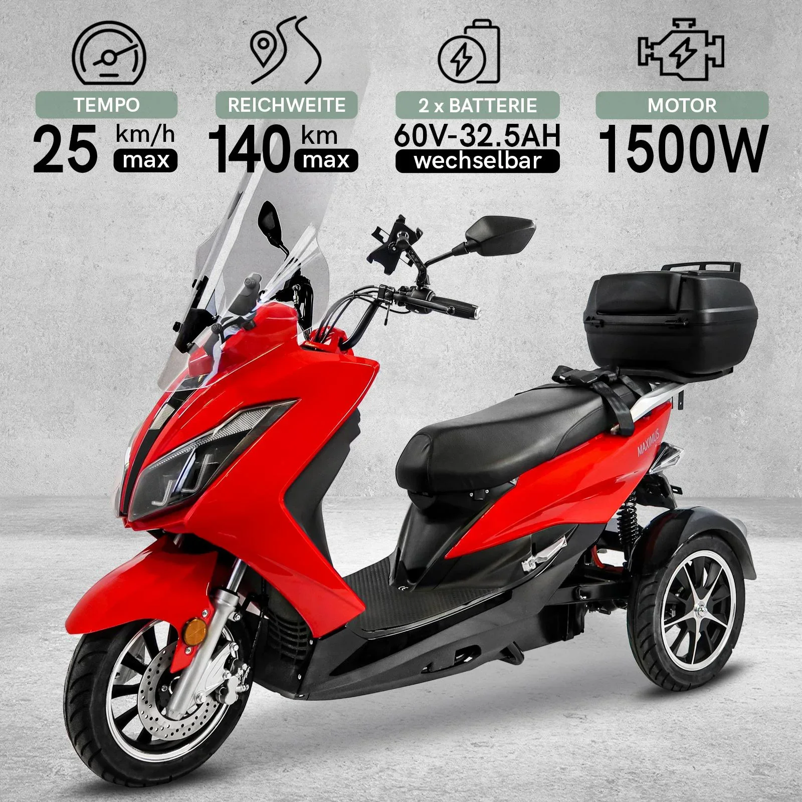 Maximus MX3-25 2 Akku Version 60V 32,5 Ah Lithium Akku , 1500W , 2 Personen Zulassung mit Topcase - 7