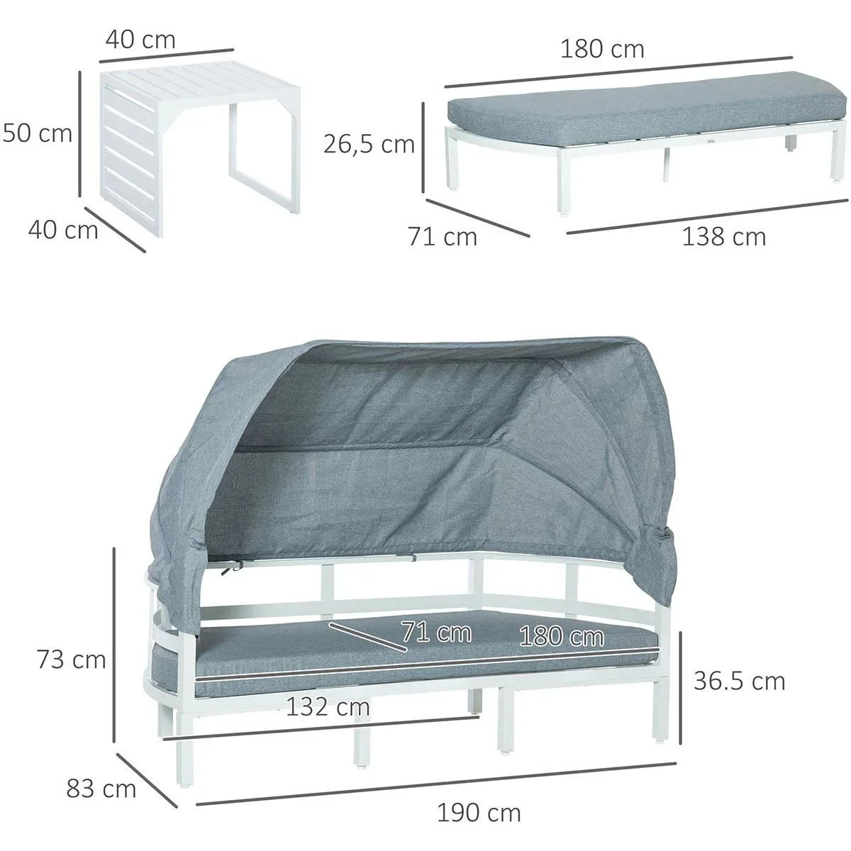 4-tlg. Gartenmöbelset inkl. Sofa mit Dach, Beistelltisch und Bank Aluminium grau/weiß - 0