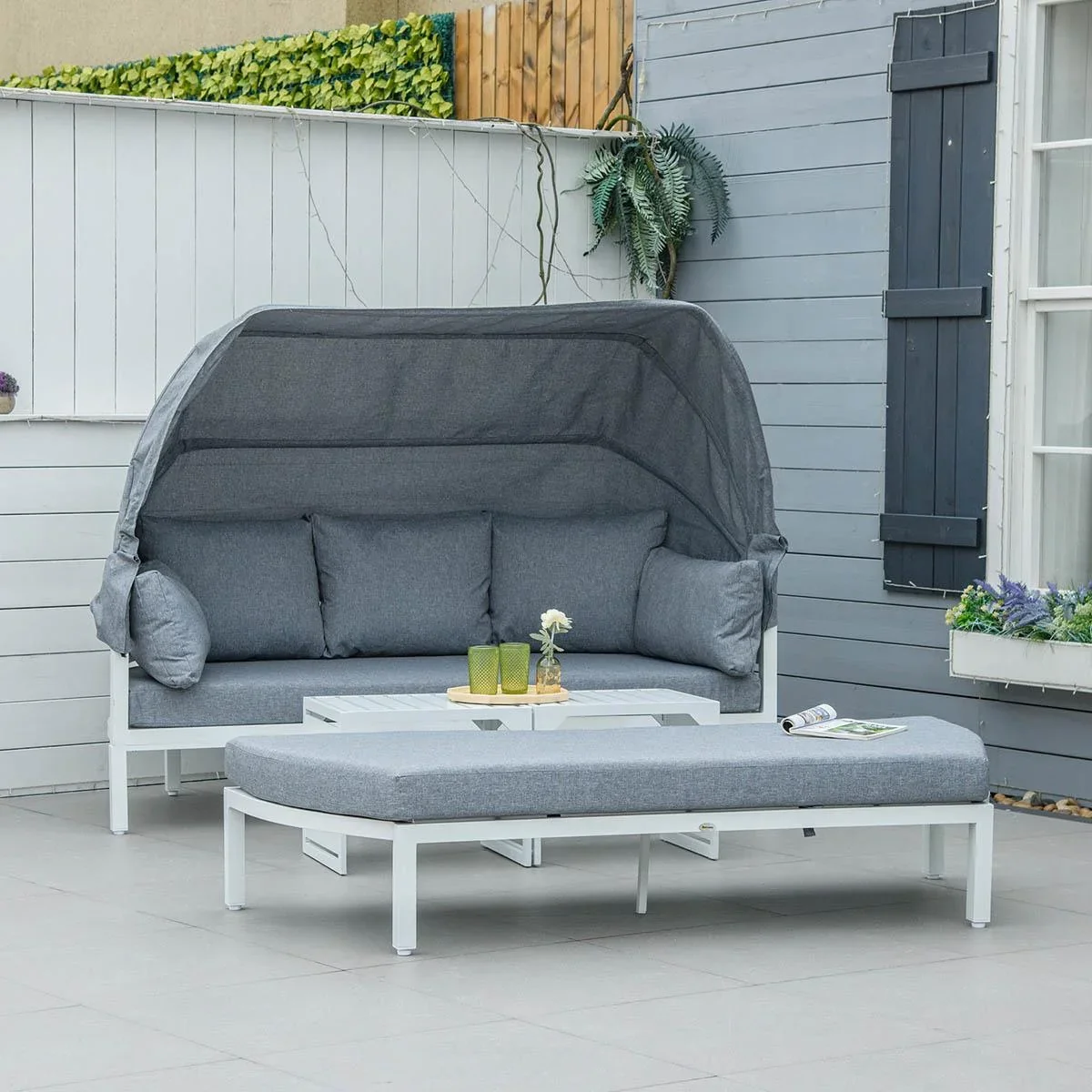 4-tlg. Gartenmöbelset inkl. Sofa mit Dach, Beistelltisch und Bank Aluminium grau/weiß - 2