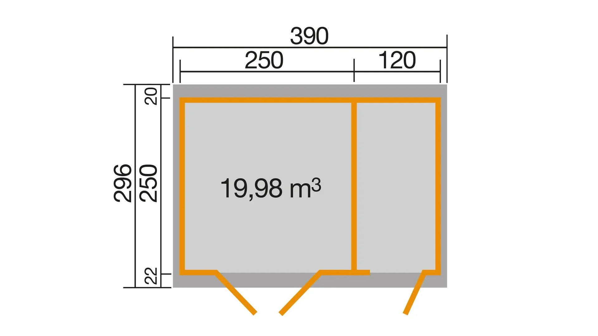 Gartenhaus 254 Gr.2, 394 x 296 x 222 cm Wandstärke 28 mm, Doppeltür, mit 2. Raum Einzeltür - 3