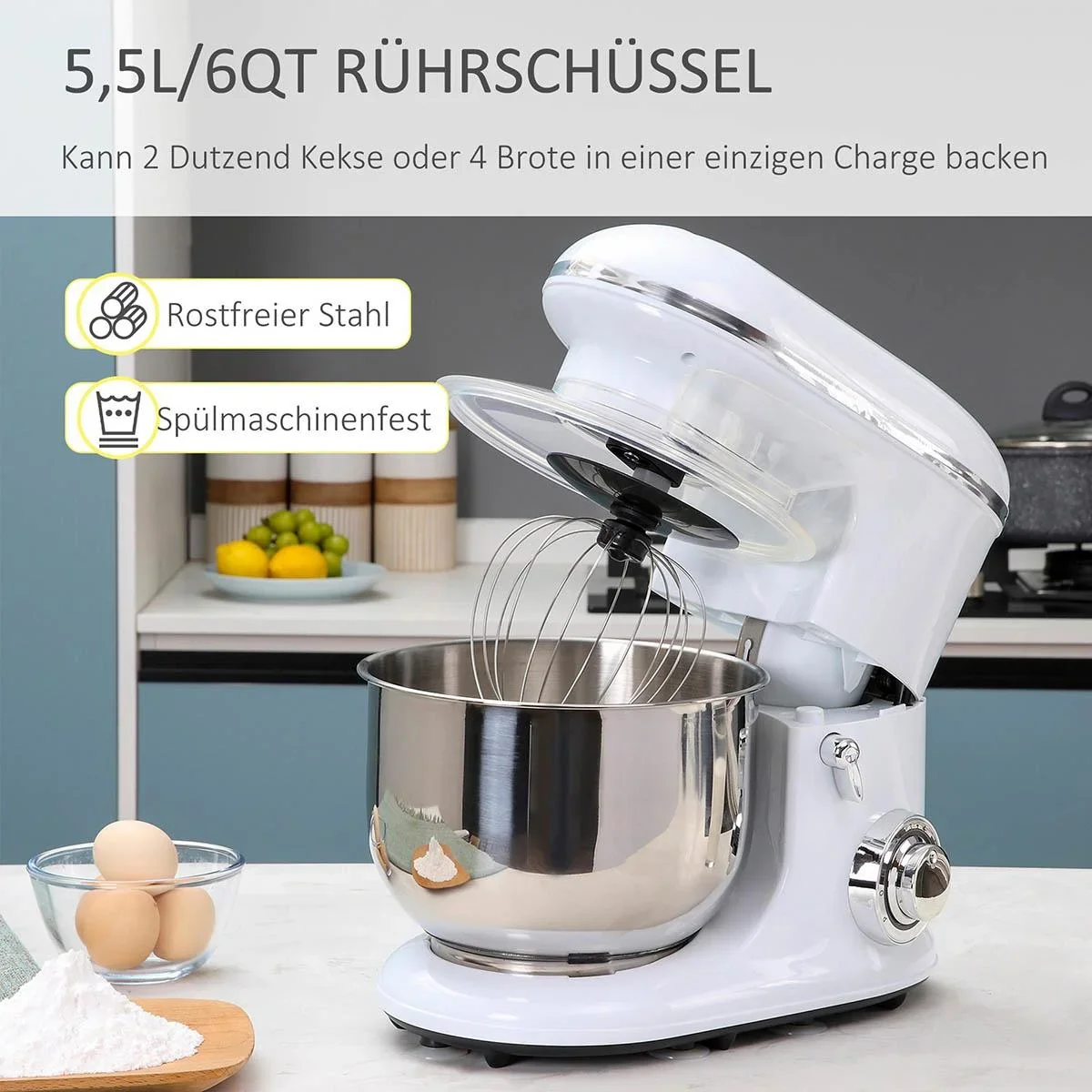elektrisches Handmixer-Set 2-in-1 Handrührer mit Tischständer 5,5 L-Rührschüssel 1200 W 6 Geschwindigkeiten + Impuls-Mod - 0