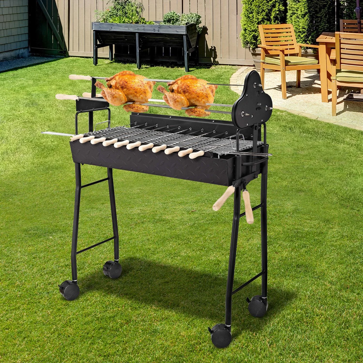 Holzkohle Grillwagen Standgrill BBQ Grill Zypern mit Drehspieß höhenverstellbar Grillrost Edelstahl Schwarz 85 x 36 x 90 - 3