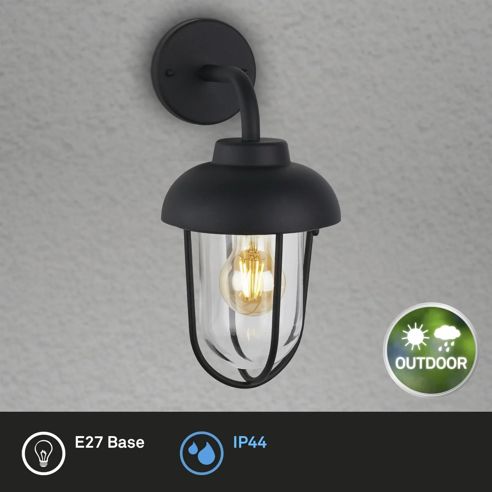 Außenleuchte 1-flammig, Metall-Glas / schwarz, IP44, E27 Fassung - 2