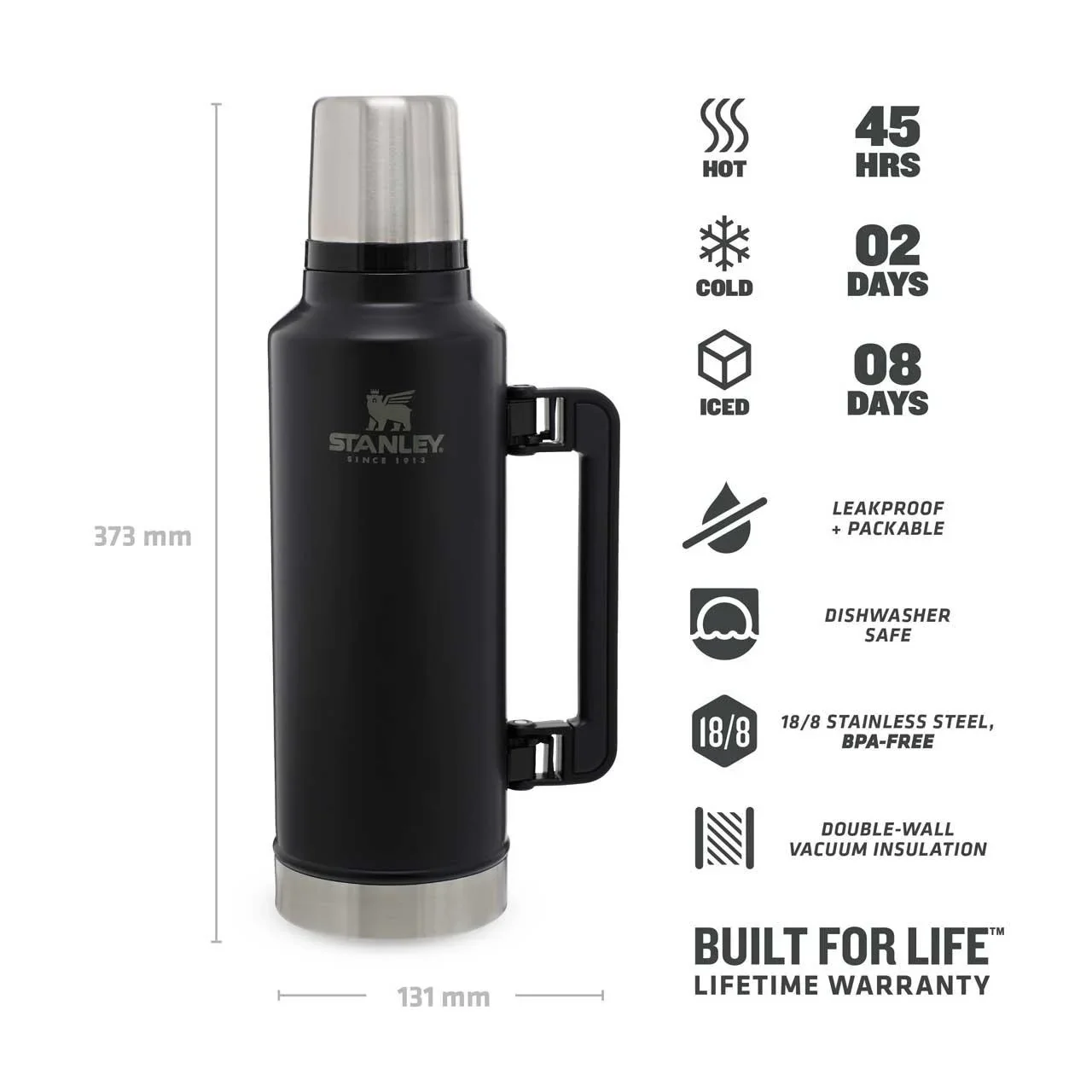 Classic Vakuum-Flasche 1,9 l, matt schwarz, doppelwandige Vakuumisolierung, Griff, Trinkbecher - 7