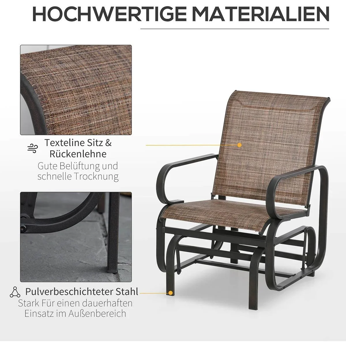 Schaukelstuhl Garten Gartenstuhl Relaxstuhl Gartenschaukel Schaukel Stuhl outdoor für Terrasse Balkon Stahl Texteline Br - 3