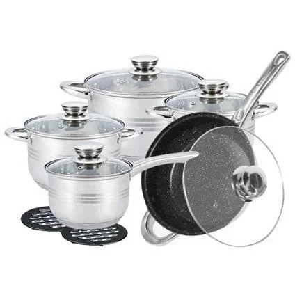 Töpfe und Pfannen - 12 Stück - Mit Untersetzern und Deckeln - Marmorbratpfanne - Bratpfanne - Schmorpfanne - Silber - 0