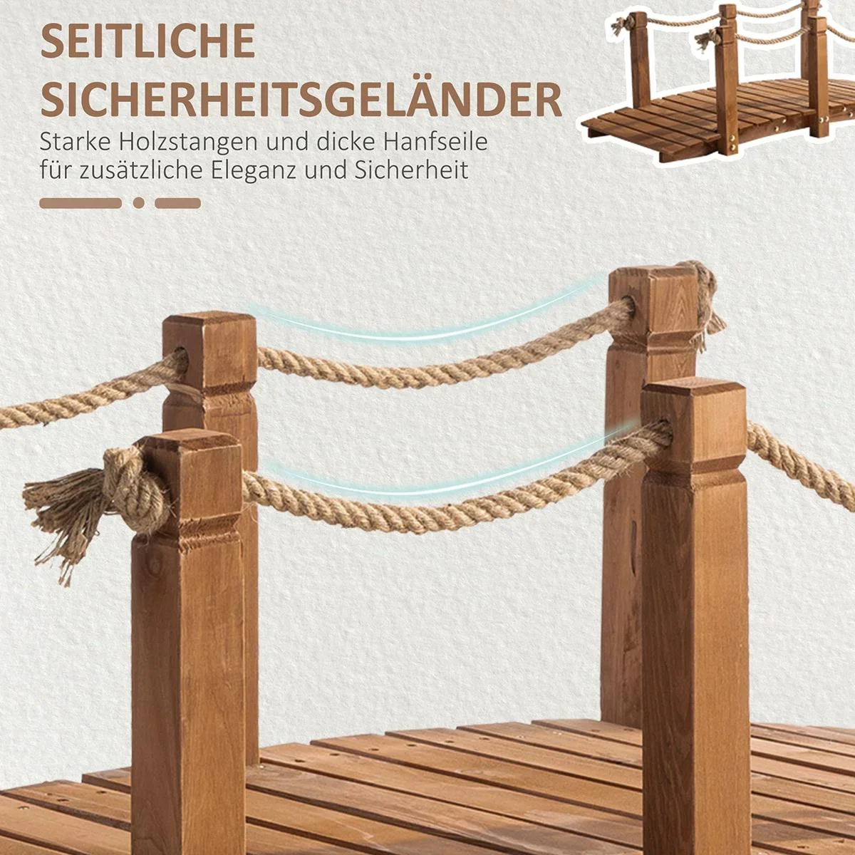 Gartenbrücke 1,5 m Holzbrücke begehbar Holzsteg Teichbrücke Zierbrücke mit Geländer Seil bis 200 kg Massivholz Natur - 0