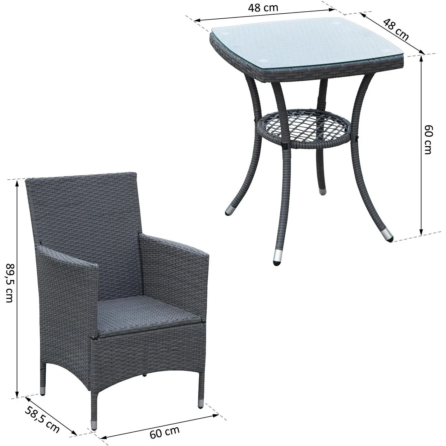 Gartensitzgruppe 3-tlg, Polyrattan Gartenset Rattanmöbel Grau mit Sitzkissen - 2