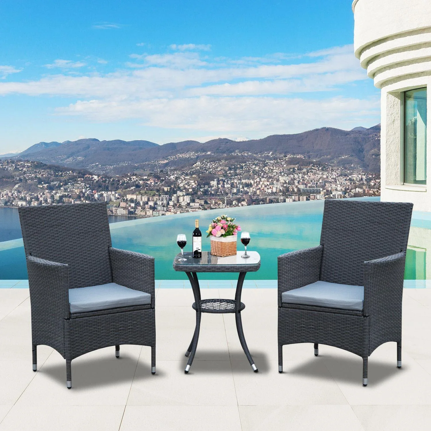 Gartensitzgruppe 3-tlg, Polyrattan Gartenset Rattanmöbel Grau mit Sitzkissen - 6