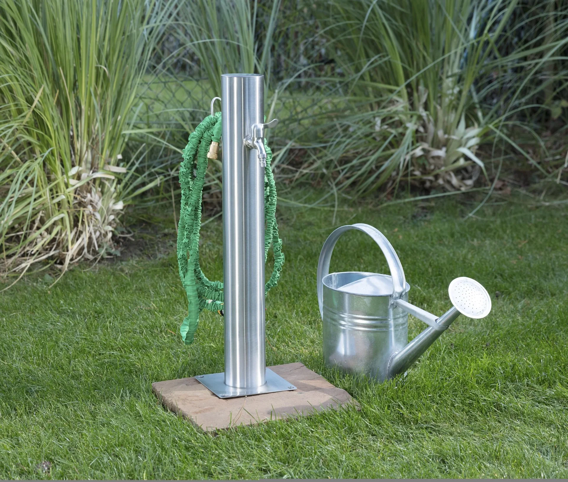 Wasserzapfsäule, inklusive Schlauchhalter + 2 Auslaufhähne, Edelstahl - 8