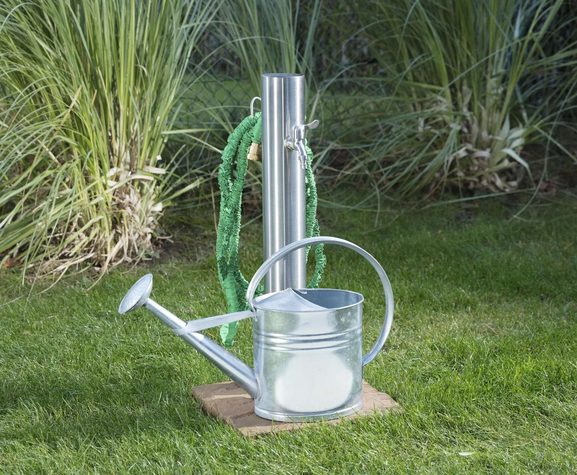 Wasserzapfsäule, inklusive Schlauchhalter + 2 Auslaufhähne, Edelstahl - 9