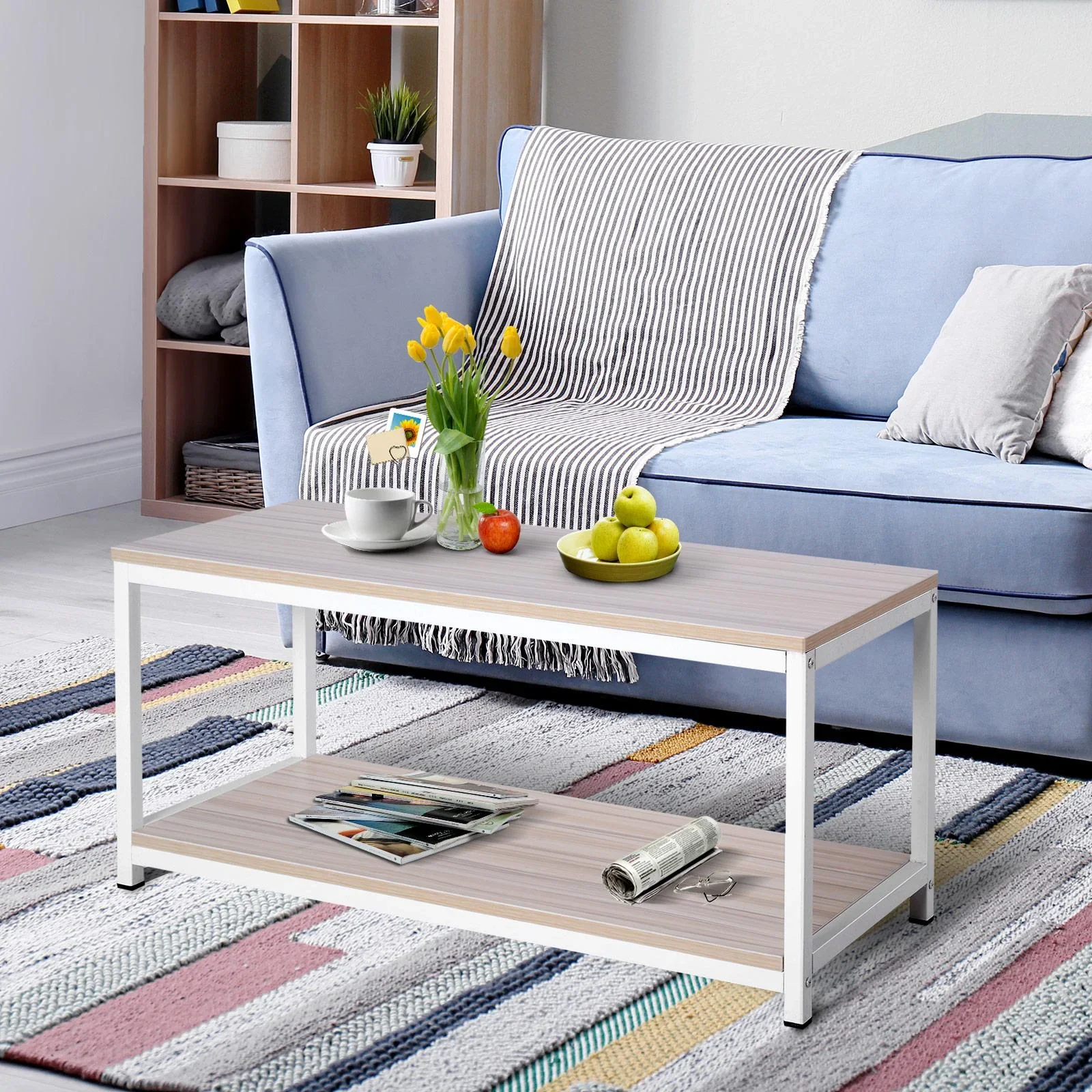 Couchtisch Beistelltisch Sofatisch Flurtisch Ablage skandinavisch Holz + Metall Natur + Weiß 100 x 40 x 44,5 cm - 1