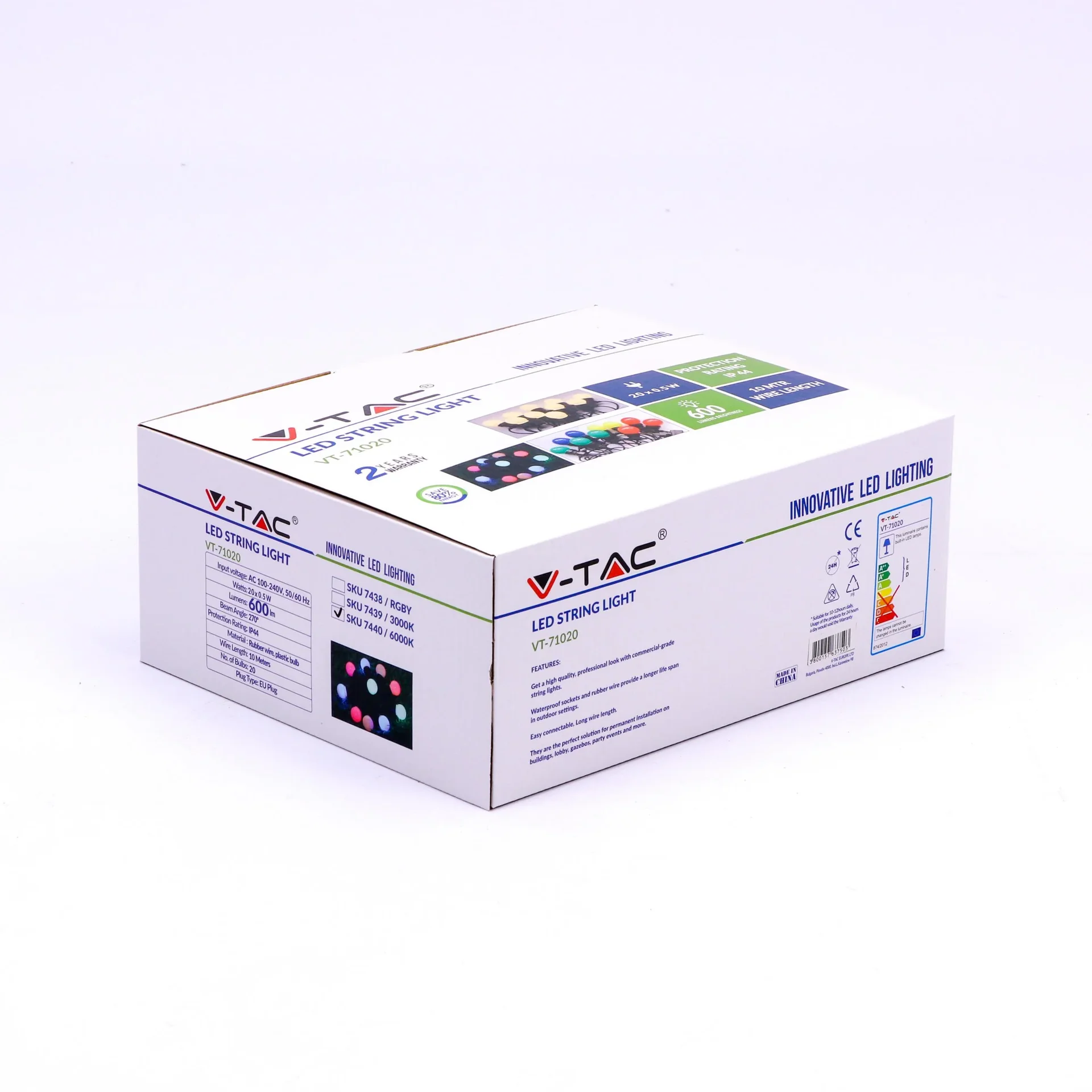 VT-71020 LED-Lanyard 10 Meter mit Stecker, inkl. 20x 0,5W LED-Birnen, 3000K Warmweiß, 600 Lumen, IP44 - 1